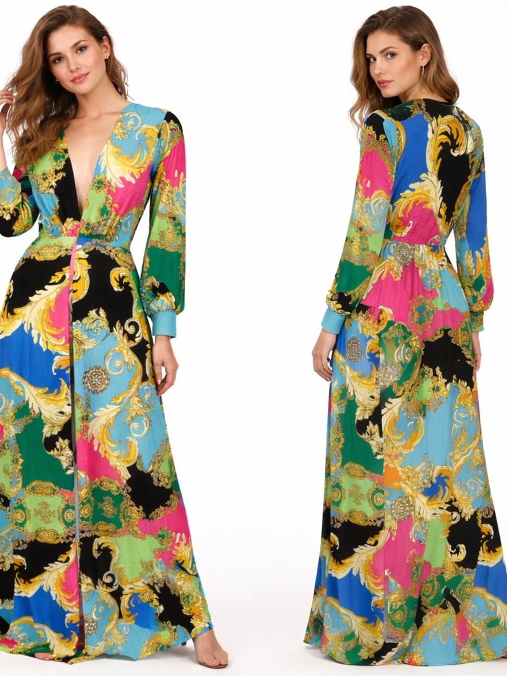 CAMEO V- Neck Long Sleeve‎  Maxi Dress Multi Color Goddess Festive Baroque Print
